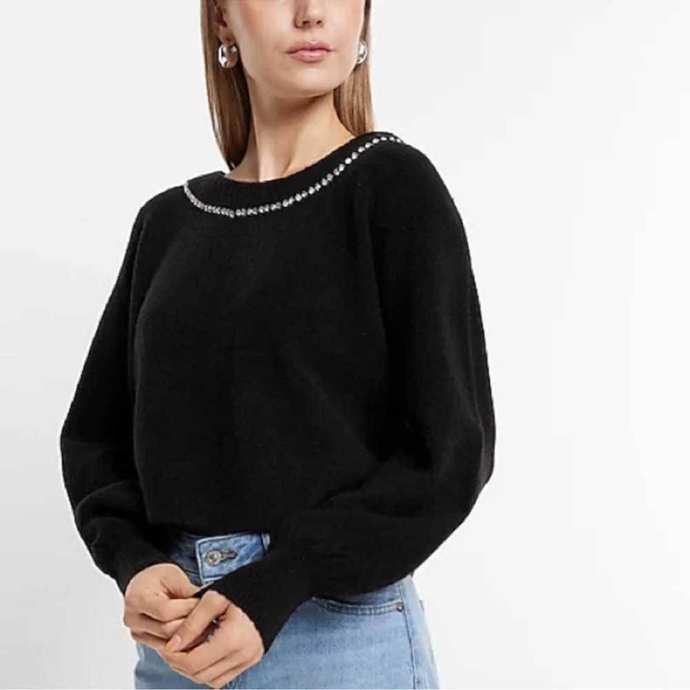 Express Black V-Neck Sweater with Rhinestone Bow - Picture 2 of 7